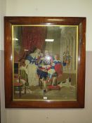 A LARGE VINTAGE ROSEWOOD FRAMED TAPESTRY DEPICTING REGAL FIGURES 100 x 89 cm