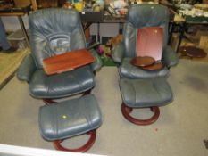 A PAIR OF EKORNES STRESSLESS ARMCHAIRS AND STOOLS WITH READING STANDS A/F