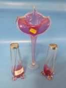 A PAIR OF HALLMARKED SILVER RIMMED SPECIMEN VASES TOGETHER WITH A JACK IN THE PULPIT VASE