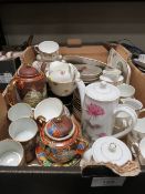 TWO TRAYS OF CERAMICS TO INCLUDE JAPANESE STYLE TEA WARE, BLUE AND WHITE PLATES ETC