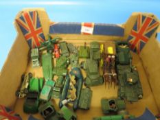 A SMALL TRAY OF DIECAST TOYS , ARMY VEHICLES