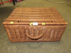 A WICKER HAMPER BASKET