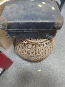 POT BELLY FISHING CREEL TOGETHER WITH BOXES OF FISHING FLIES, REELS ETC