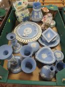 A TRAY OF MOSTLY BLUE WEDGWOOD JASPER WARE