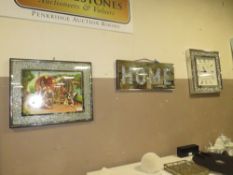 A MODERN JEWELLED WALLCLOCK 'HOME' SIGN AND TRAVELLERS PICTURE (3)