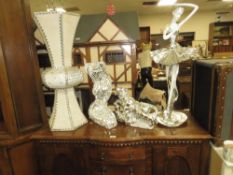 A MODERN WHITE AND SILVER BALLERINA, TIGER, VASE AND NAKED FEMALE (4)