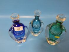 THREE ASSORTED COLOURED STUDIO GLASS PERFUME BOTTLES