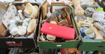 THREE TRAYS OF CERAMICS ETC TO INCLUDE JUGS, STORAGE JARS ETC