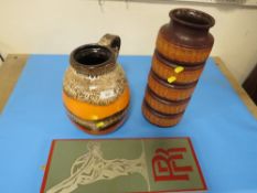 A LARGE WEST GERMAN RETRO POTTERY VASE TOGETHER WITH A SIMILAR JUG (2)