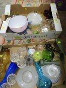 TWO TRAYS OF GLASS TO INCLUDE BRIERLEY STUDIO PINK BOWL, CUT GLASS AND VINTAGE EXAMPLES