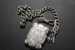 A GENTS ANTIQUE SILVER POCKET WATCH ALBERT CHAIN AND SILVER VESTA