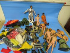 A BOX OF VINTAGE ACTION MEN FIGURES, CLOTHING, ACCESSORIES A/F