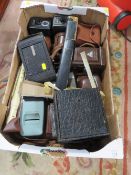 A TRAY OF VINTAGE CAMERAS, LENSES ETC