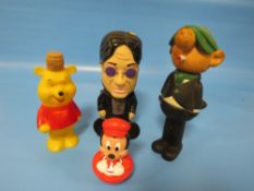 A SELECTION VINTAGE PLASTIC TOYS TO INCLUDE A NOVELTY AVON BLUE BLAZER BODY POWDER ANDY CAP