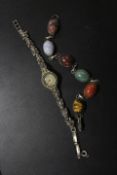 A SILVER CABOCHON HARD STONE BRACELET TO INCLUDE TIGERS EYE TOGETHER WITH A MARCASITE WATCH (2)