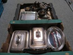 TWO TRAYS OF SILVER PLATED WARE TO INCLUDE LIDDED TUREENS ETC
