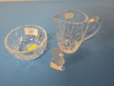 A WATERFORD JUG, BOWL AND SEAHORSE
