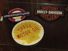 THREE REPRODUCTION CAST METAL SIGNS , SHELL, HARLEY DAVIDSON, UNDERGROUND