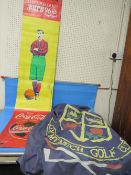 A VINTAGE CLOTH PENNANT FOR THE LLANYMYNECH GOLF CLUB,A VINTAGE PLASTIC COCA COLA SPONSORED