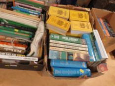 FOUR ASSORTED TRAYS OF CRICKET THEME BOOKS ETC TO INCLUDE A SELECTION OF WISDEN CRICKETERS ALMANAC