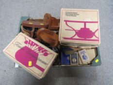 A TRAY OF SUNDRIES TO INCLUDE A YASHICA CAMERA, CAMERA LENSES FONDUE SET ETC