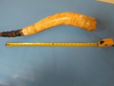 A LARGE SCRIMSHAW POWDER HORN, DECORATED WITH ROYAL ARMS AND SCENES OF NORTH AMERICA LENGTH APPROX