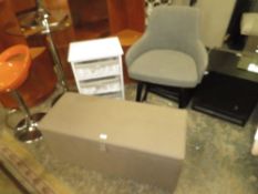 A MODERN UPHOLSTERED OTTOMAN , STOOL AND WICKER STAND (3)