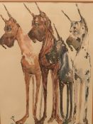A LARGE FRAMED AND GLAZED PRINT DEPICTING FOUR GREAT DANE DOGS 74 X 54.5 CM