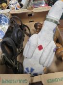 A VINTAGE LEATHER SHIRE HORSE STYLE LEATHER BRIDLE WITH BIT , GOOSE DOORSTOP ETC