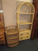 A WICKER BOOKCASE AND THREE DRAWER CHEST (2)
