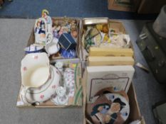 FOUR TRAYS OF ASSORTED CERAMICS TO INCLUDE A LARGE WASH JUG, COLLECTORS PLATES, FIGURINES ETC