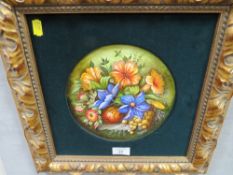 P. GOSLING, A GILT FRAMED OIL ON BOARD DEPICTING STILL LIFE, Dia. 20.5 CM