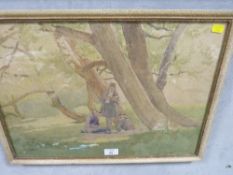 B.J. FLETCHER - A WATERCOLOUR DEPICTING THREE CHILDREN IN THE WOODS