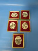 FIVE BILSTON ENAMEL J.A. WYLDE FRAMED PLAQUES, INCLUDING IMAGES OF 