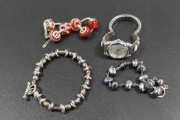 A 925 SILVER MOTHER OF PEARL STYLE BRACELET PLUS ANOTHER , A GLASS BEAD BRACELET AND AN OPAL STYLE