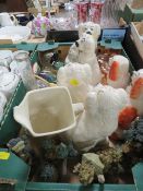 A TRAY OF CERAMICS AND GLASS ETC TO INCLUDE STAFFORDSHIRE FLATBACK STYLE EXAMPLES, AND A SILVER