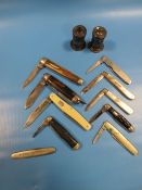A SMALL COLLECTION OF POCKET KNIFES AND FRUIT KNIFES TOGETHER WITH TWO CRUETS