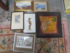 A COLLECTION OF ASSORTED PICTURES, AND PRINTS ETC TOGETHER WITH A VINTAGE ART DECO STYLE MIRROR (