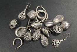 A SELECTION OF WHITE METAL EARRINGS ETC