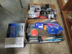 TWO TRAYS OF PHOTOGRAPH EQUIPMENT ETC TO INCLUDE PROJECTOR, PENTAX CAMERA AND LENS, SD CARDS ETC