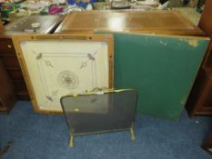 A BRASS EFFECT FIRE SCREEN AND TWO CARD TABLES