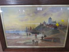 AN OAK FRAMED HARBOUR SCENE OIL PAINTING WITH AN ARTHUR R STANLEY PRINT ETC (6)