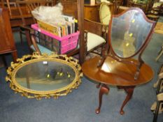 A GILT OVAL MIRROR, ANTIQUE MAHOGANY MIRROR AND A SMALL TABLE (3)