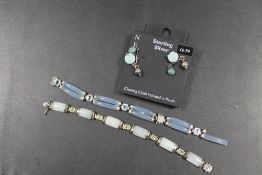 AN ORIENTAL STYLE POLISHED HARD STONE BRACELET STAMPED 925 TOGETHER WITH SIMILAR EXAMPLE AND A