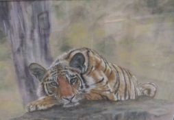 A FRAMED AND GLAZED PASTEL ON VELOUR 'NEIGHBOURHOOD WATCH' BY HELEN VAN BEUREN