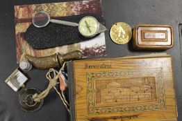 A JERUSALEM OLIVE WOOD COVER ALBUM OF FLOWERS FROM THE HOLY LAND, A SMALL RELATED BOX AND A SMALL