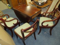 A REPRODUCTION MAHOGANY DROPLEAF TABLE AND FOUR CHAIRS