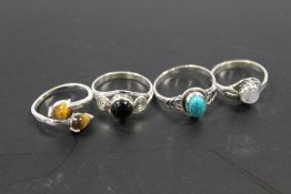 A COLLECTION OF 4 VINTAGE 925 SILVER GEMSTONE DRESS RINGS TO INCLUDE OPAL, TURQUOISE, TIGERS EYE