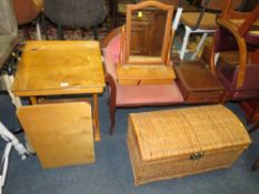 A CHILDS DESK A/F, TELEPHONE SEAT, PINE MIRROR, AND WICKER CHEST