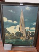 A VINTAGE OIL ON CANVAS EASTERN RIVER SCENE WITH BOATS AND BUILDINGS PRESENTED TO LT COLONEL P.R.
